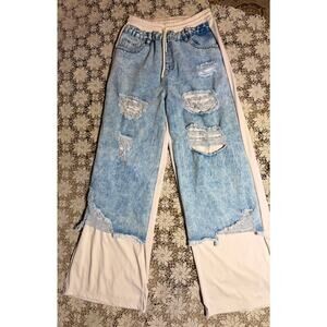 Two  sided pants with Distressed denim and softest cream jog pockets